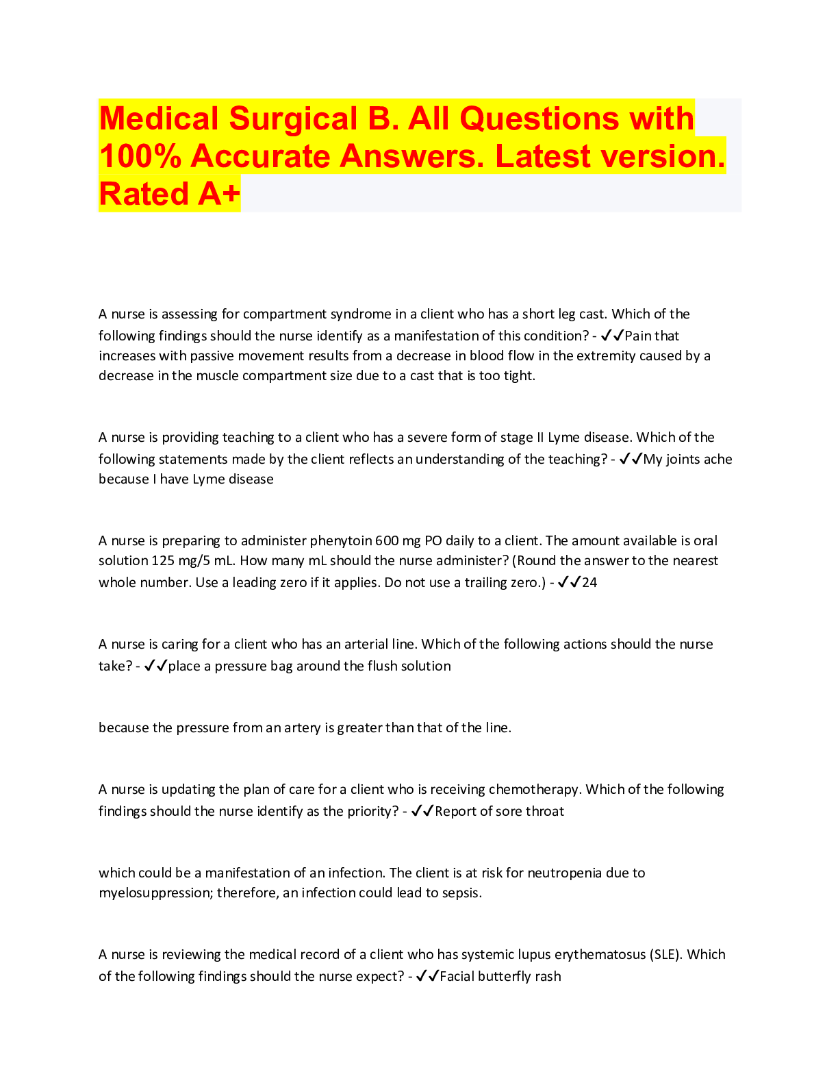 Medical Surgical B. All Questions with 100 Accurate Answers. Latest